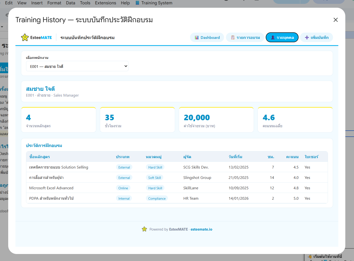 หน้ารายบุคคล เลือกพนักงานจาก dropdown แล้วเห็นจำนวนหลักสูตร ชั่วโมงรวม ค่าใช้จ่าย คะแนนเฉลี่ย และประวัติการอบรมทั้งหมดของพนักงานคนนั้น