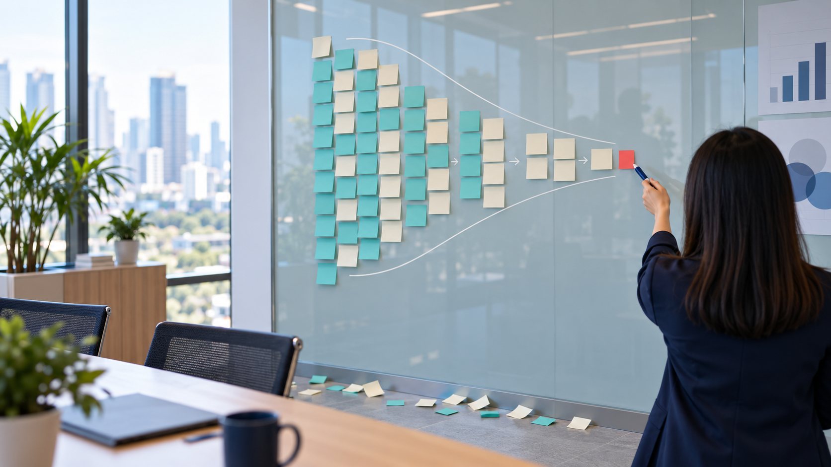 Recruitment Funnel — กรวยโพสต์อิทบนกระดานแก้ว ชี้จุดที่ผู้สมัครหลุดในแต่ละขั้น